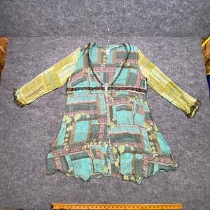 Alain Weiz Silk Tunic Top Womens 16 Patchwork Print Turquoise Green Boho V-Neck